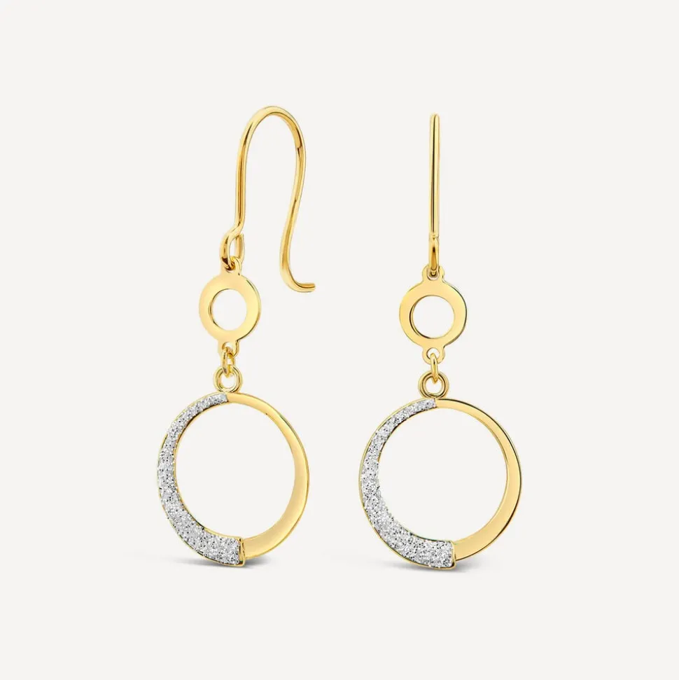 9ct Yellow Gold Half Glitter& Polished Round Disc Circle Drop Earrings