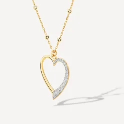 9ct Yellow Gold Half Glitter & & Polished Heart Bead Chain Necklet