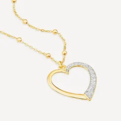 9ct Yellow Gold Half Glitter & & Polished Heart Bead Chain Necklet