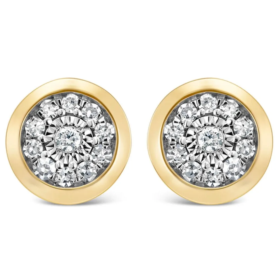 9ct Yellow Gold Illusion 0.10ct Diamond Set Rubover Cluster Stud Earrings