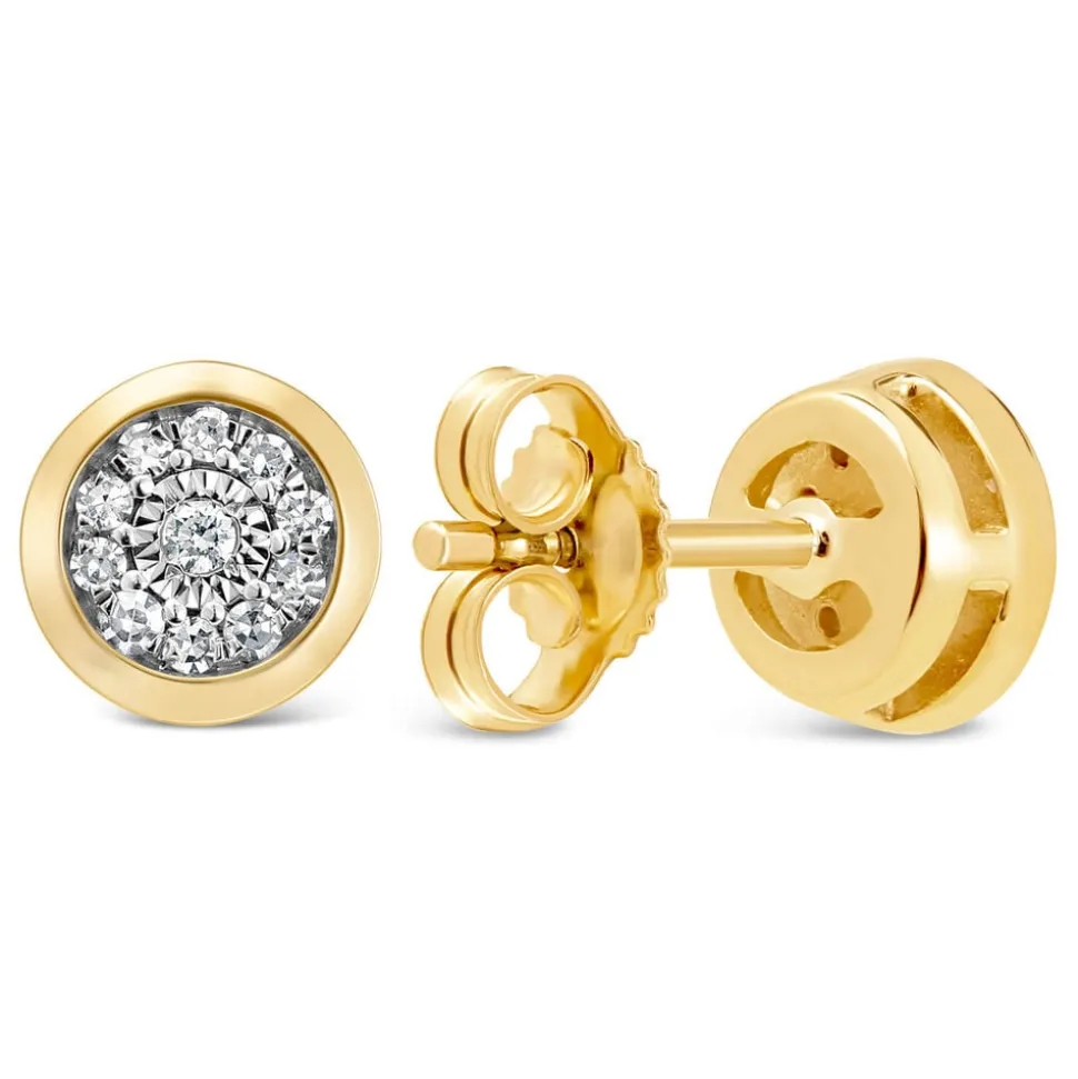 9ct Yellow Gold Illusion 0.10ct Diamond Set Rubover Cluster Stud Earrings