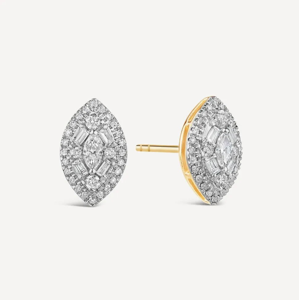 9ct Yellow Gold Marquis Shape Cluster 0.40ct Baguette Diamond Stud Earrings
