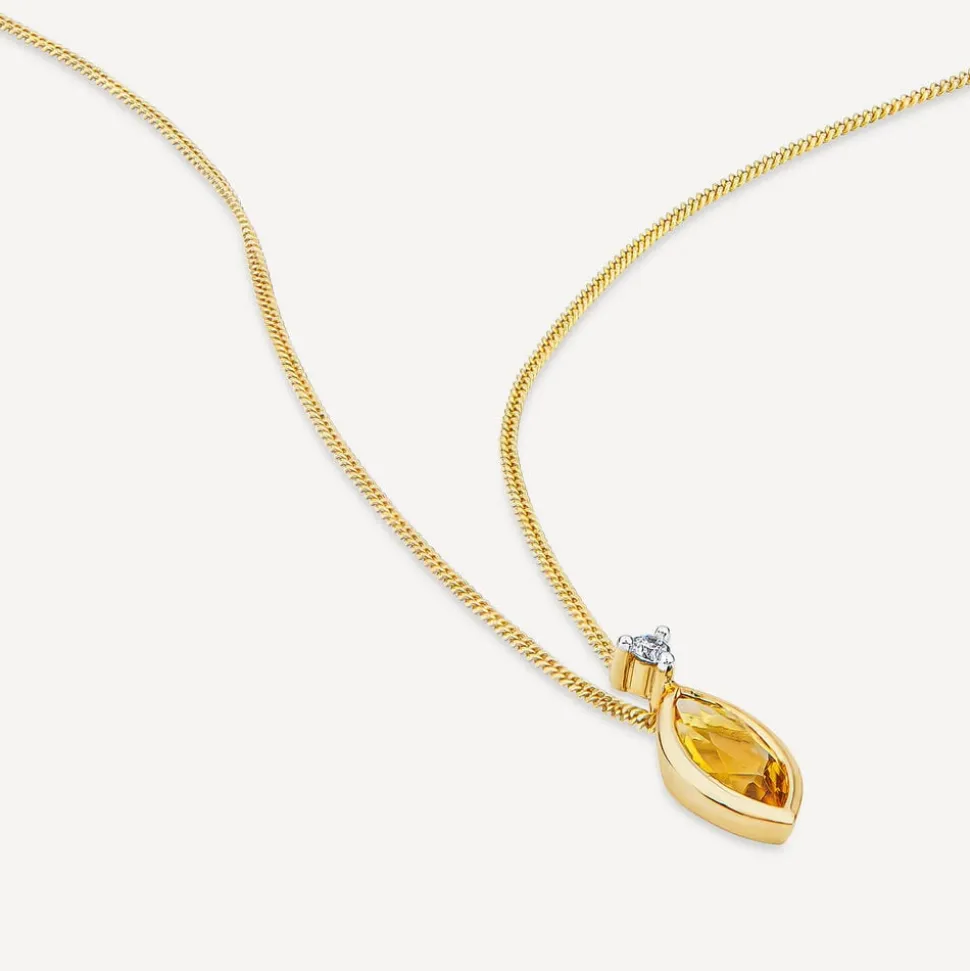 9ct Yellow Gold Marquise Citrine & 0.02ct Diamond Pendant