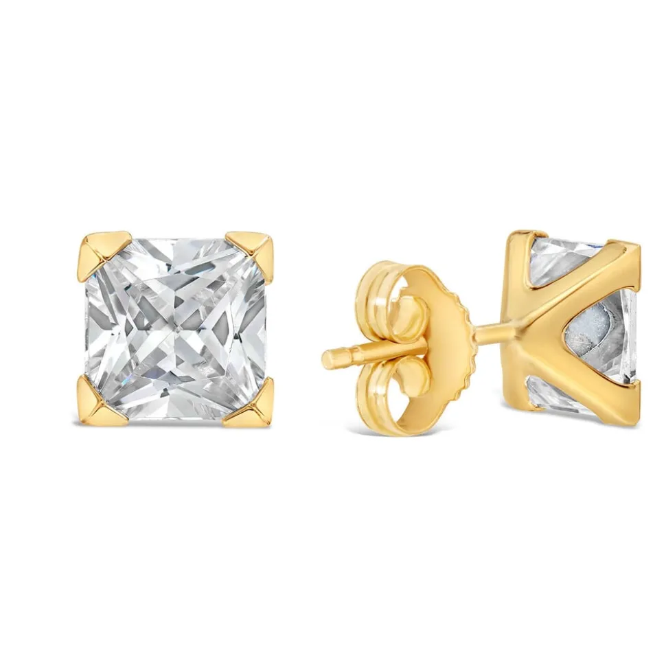 9ct Yellow Gold 6MM Princess Cut Cubic Zirconia Stud Earrings