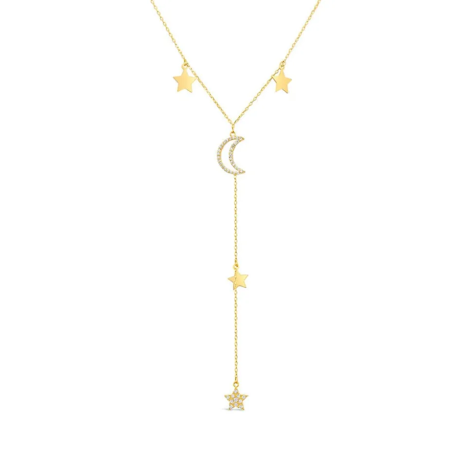 9ct Yellow Gold Moon & Stars Polished & Cubic Zirconia Y-Shaped Drop Necklet