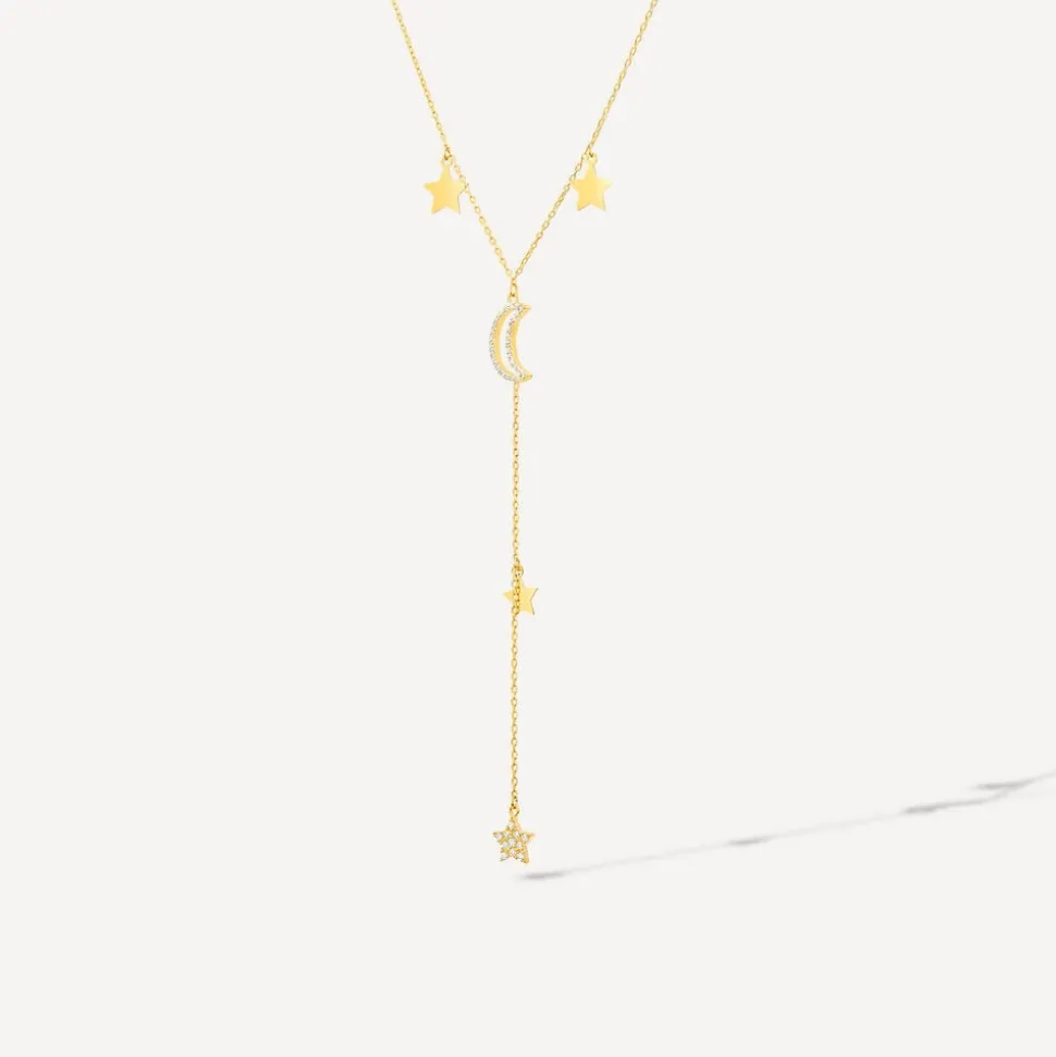 9ct Yellow Gold Moon & Stars Polished & Cubic Zirconia Y-Shaped Drop Necklet