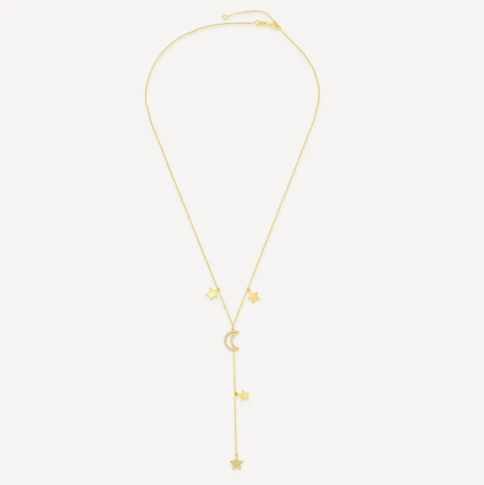 9ct Yellow Gold Moon & Stars Polished & Cubic Zirconia Y-Shaped Drop Necklet