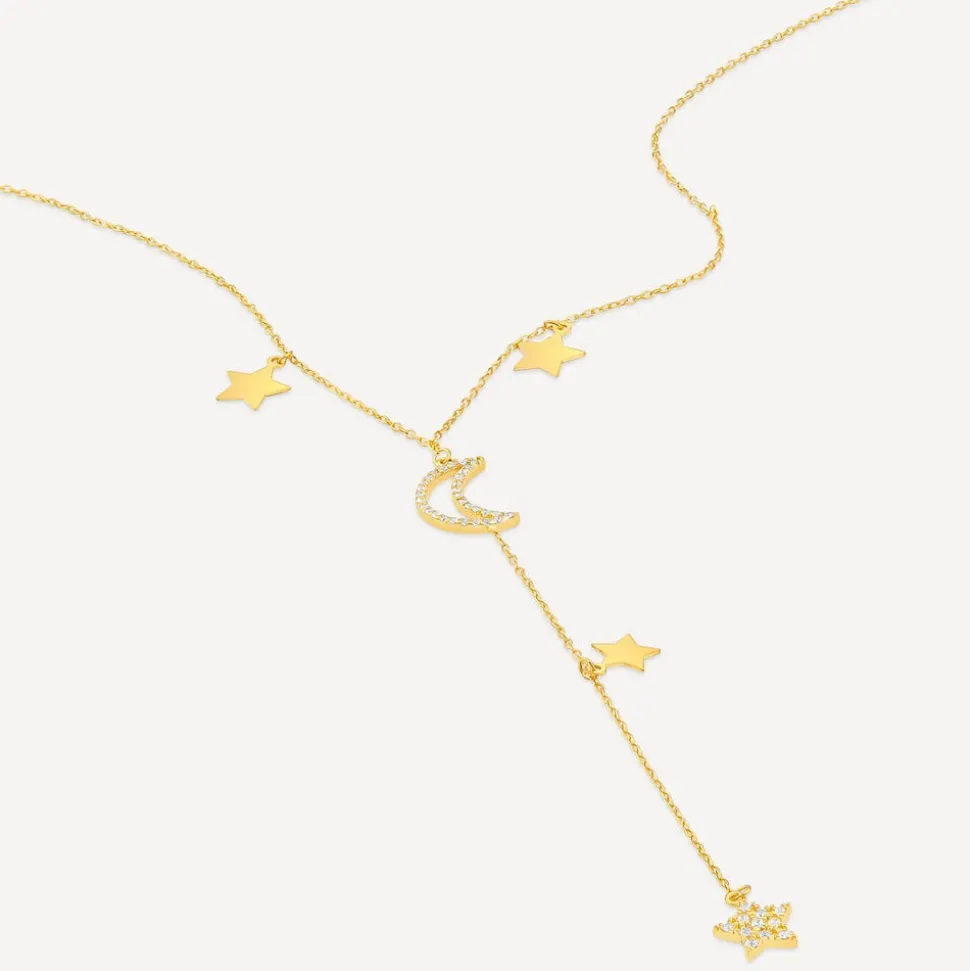 9ct Yellow Gold Moon & Stars Polished & Cubic Zirconia Y-Shaped Drop Necklet
