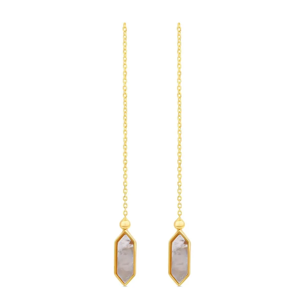 9ct Yellow Gold Mother of Pearl Oblong Hexagon Chain Pull Through Drop Earrings
