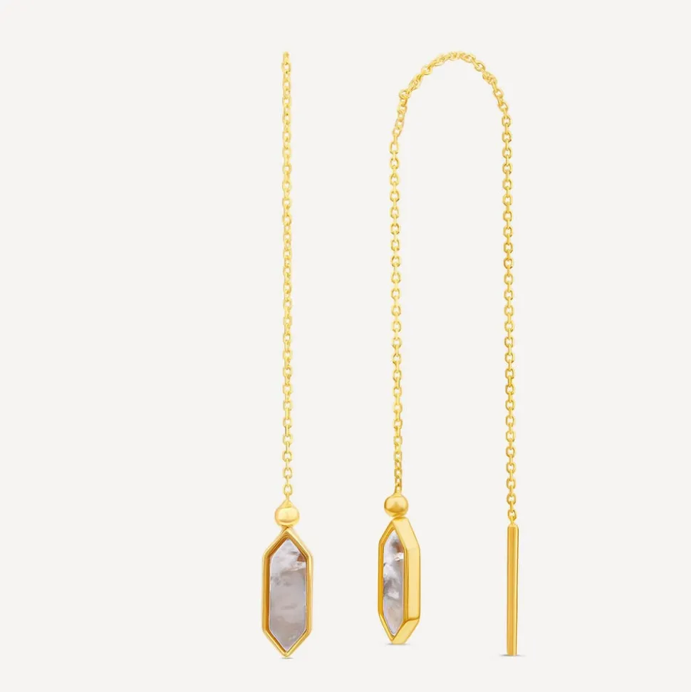 9ct Yellow Gold Mother of Pearl Oblong Hexagon Chain Pull Through Drop Earrings