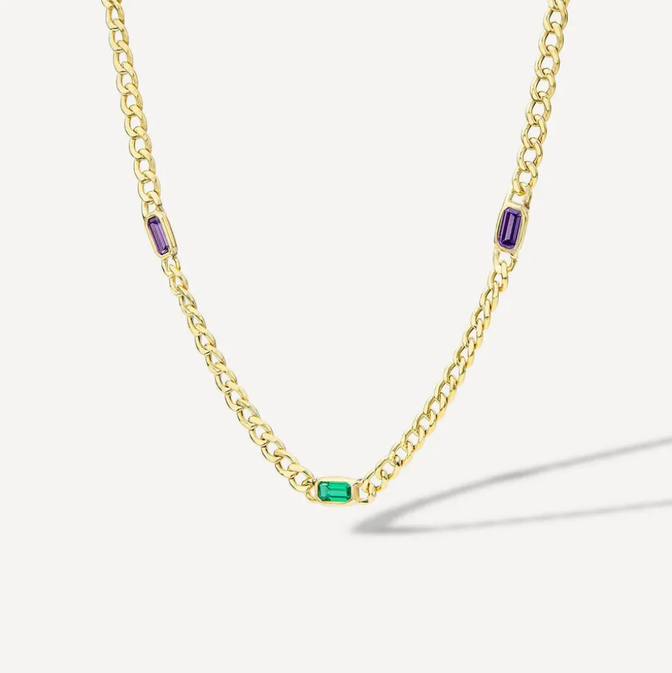 9ct Yellow Gold Multi Coloured Stones Curved Link Necklet