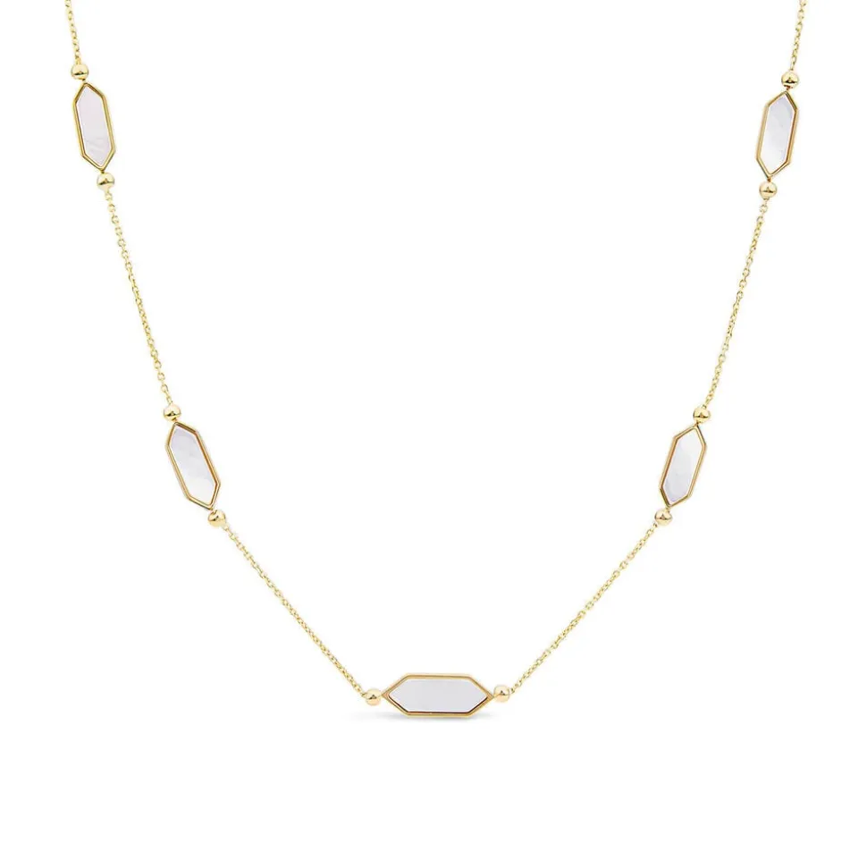9ct Yellow Gold Oblong Hexagon Mother of Pearl Link & Chain Necklet
