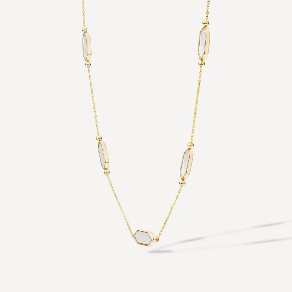 9ct Yellow Gold Oblong Hexagon Mother of Pearl Link & Chain Necklet