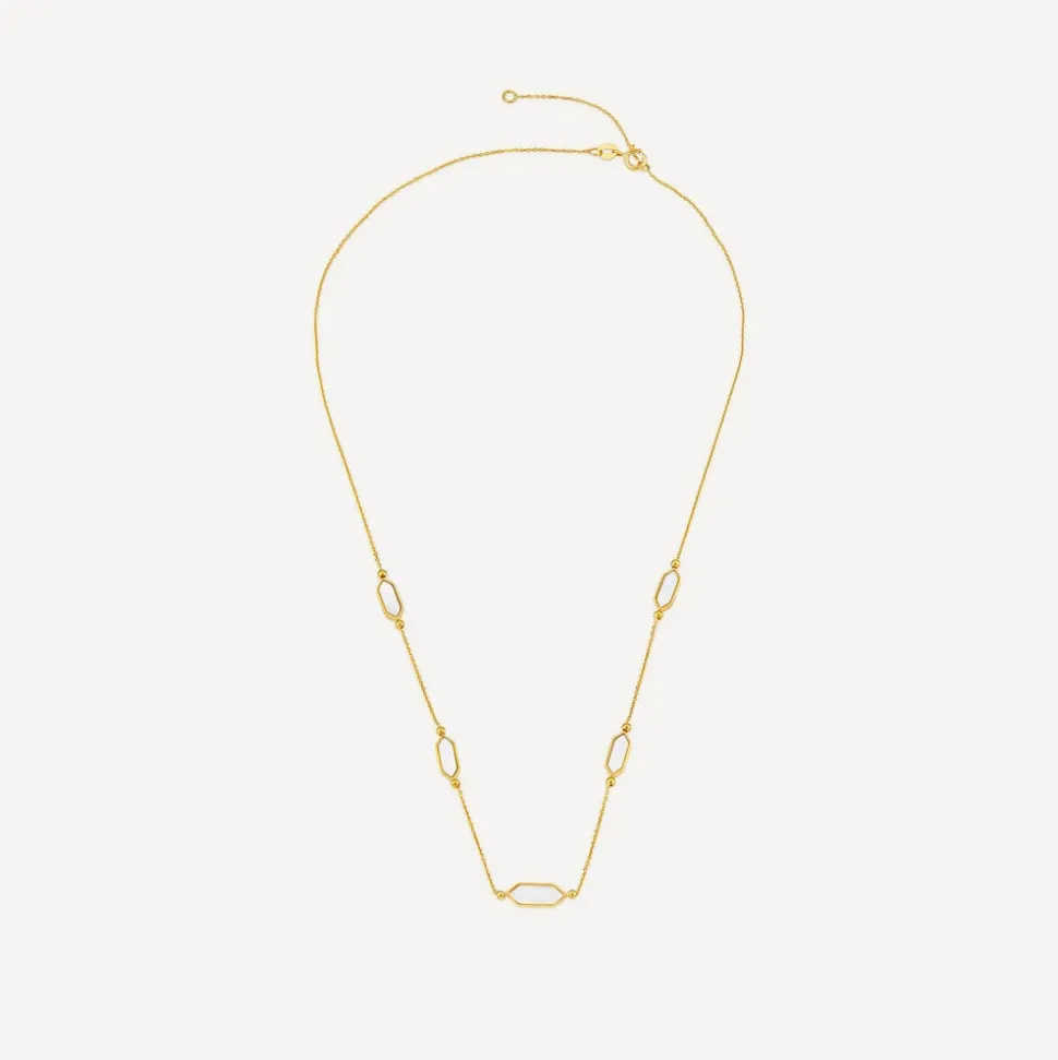 9ct Yellow Gold Oblong Hexagon Mother of Pearl Link & Chain Necklet