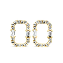 9ct Yellow Gold Open Rectangular Baguette & Round Cubic Zirconia Stud Earrings