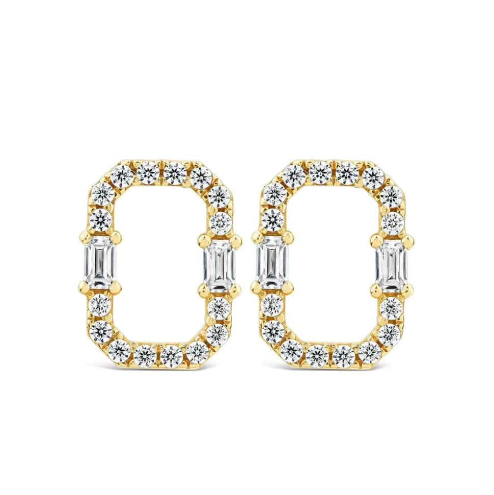 9ct Yellow Gold Open Rectangular Baguette & Round Cubic Zirconia Stud Earrings