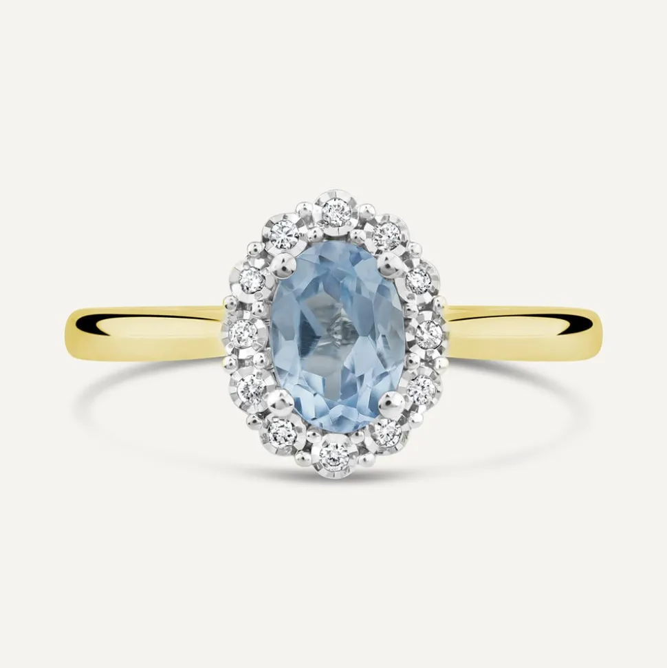 9ct Yellow Gold Oval Blue Topaz Centre 0.05ct Diamond Cluster Polished Band Ring