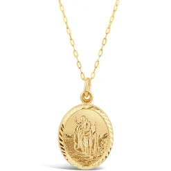9ct Yellow Gold Oval Diamond Cut St Christopher's Medal Pendant (Chain Included)
