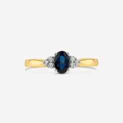 9ct Yellow Gold Oval Sapphire & Trefoil 0.07ct Diamond Sides Ring