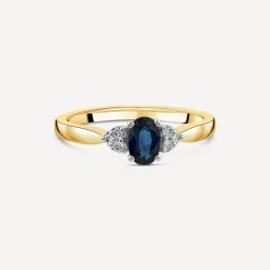 9ct Yellow Gold Oval Sapphire & Trefoil 0.07ct Diamond Sides Ring