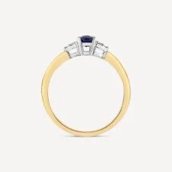 9ct Yellow Gold Oval Sapphire & Trefoil 0.07ct Diamond Sides Ring