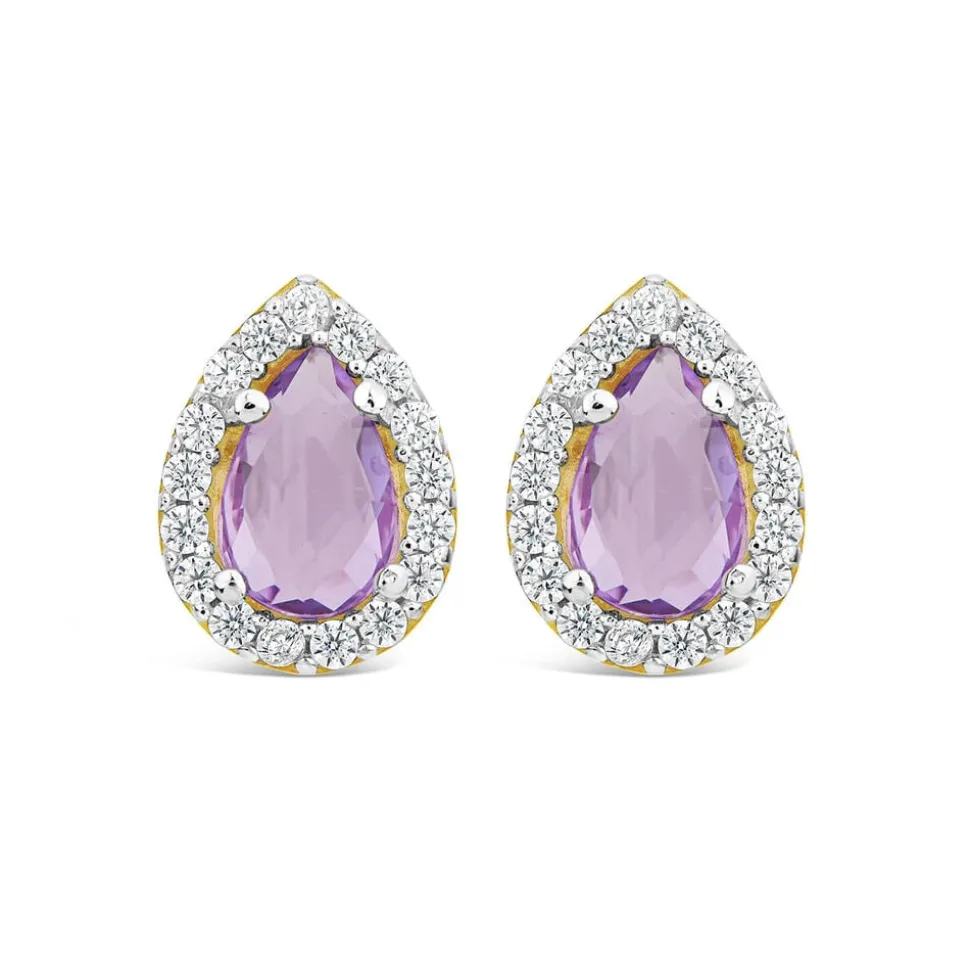 9ct Yellow Gold Pear Amethyst & Cubic Zirconia Stud Earrings