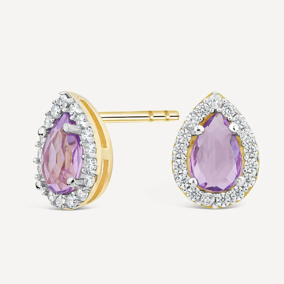 9ct Yellow Gold Pear Amethyst & Cubic Zirconia Stud Earrings