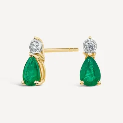 9ct Yellow Gold Pear Emerald & Diamond Top Drop Earrings