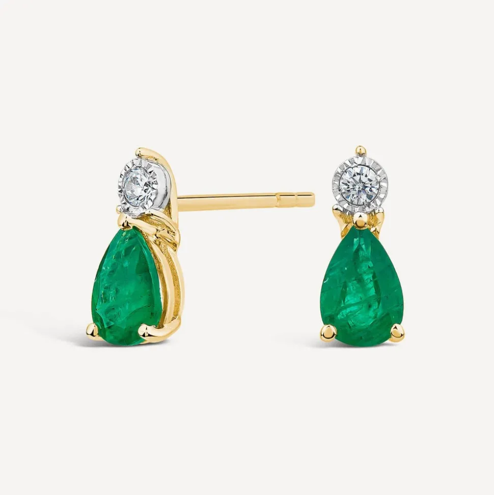 9ct Yellow Gold Pear Emerald & Diamond Top Drop Earrings