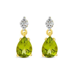 9ct Yellow Gold Pear Peridot & 0.06ct Diamond Drop Earrings