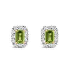 9ct Yellow Gold Peridot 0.11ct Diamond Halo Stud Earrings