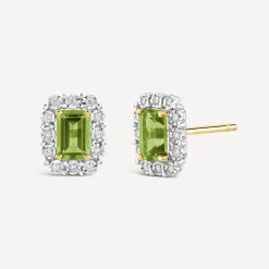 9ct Yellow Gold Peridot 0.11ct Diamond Halo Stud Earrings