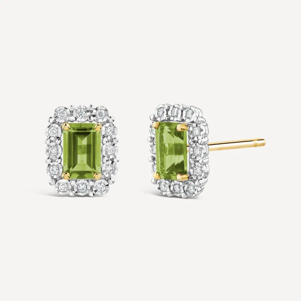 9ct Yellow Gold Peridot 0.11ct Diamond Halo Stud Earrings
