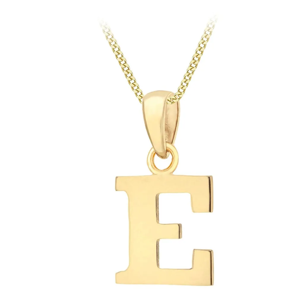 9ct Yellow Gold Plain Initial E Pendant (Chain Included)