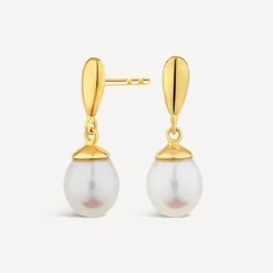 9ct Yellow Gold Polished Top Pearl Drop Earrings