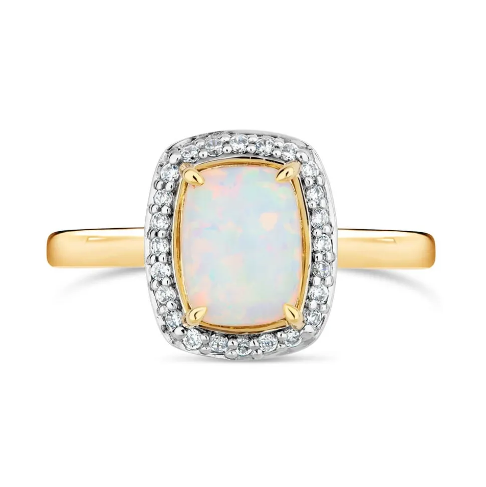 9ct Yellow Gold Rectangle Opal in Cubic Zirconia Frame Ladies Ring