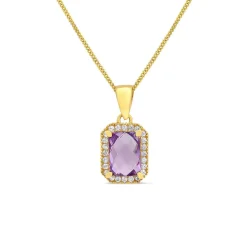 9ct Yellow Gold Rectangular Amethyst & Cubic Zirconia Frame Pendant