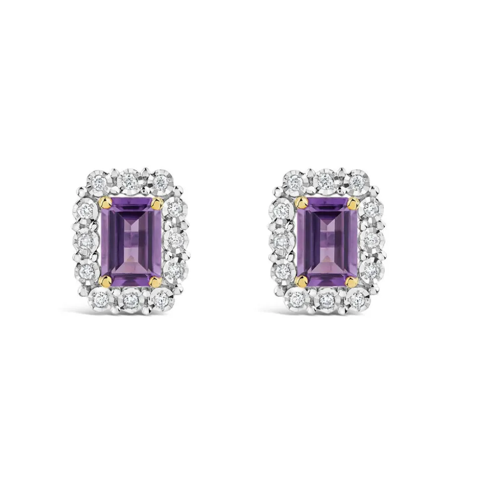 9ct Yellow Gold Rectangular Amethyst Centre 0.11ct Diamond Halo Stud Earrings