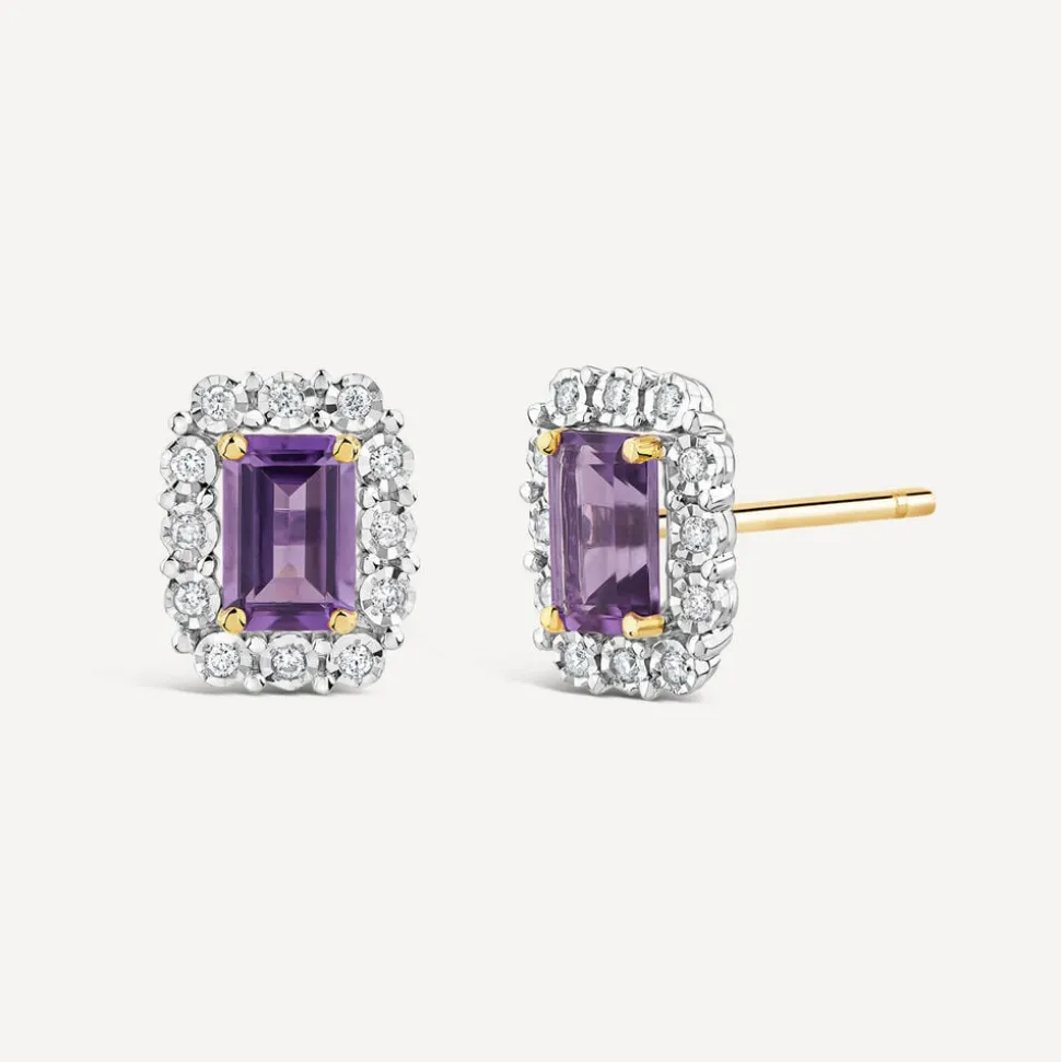 9ct Yellow Gold Rectangular Amethyst Centre 0.11ct Diamond Halo Stud Earrings