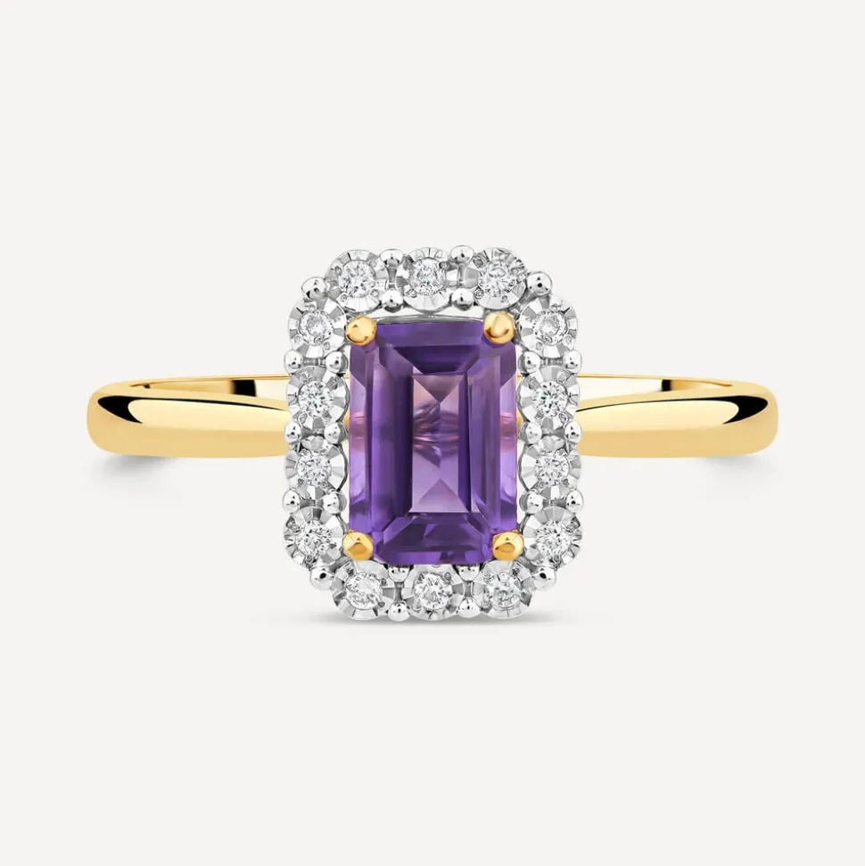 9ct Yellow Gold Rectangular Amethyst Centre 0.06ct Diamond Halo Ring