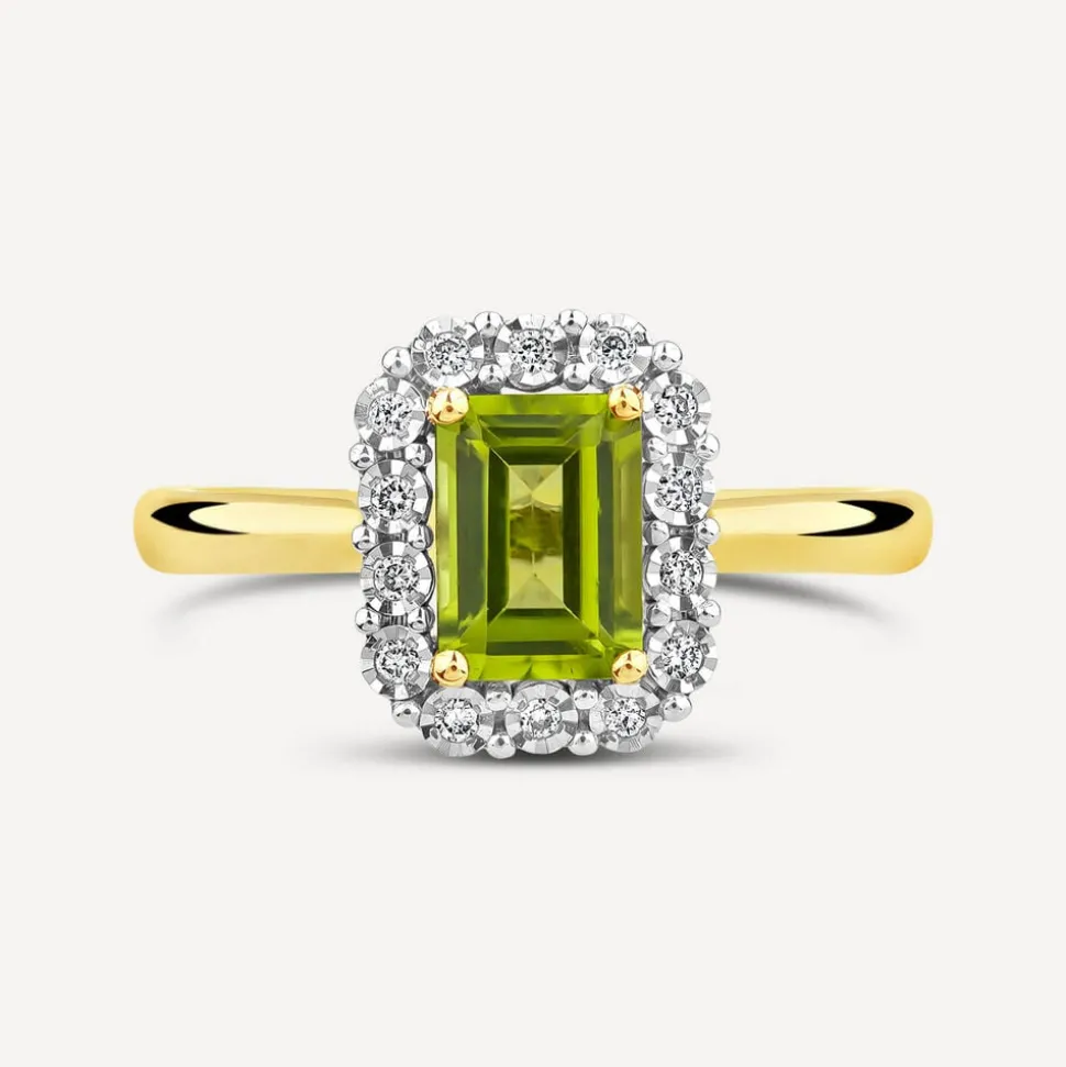 9ct Yellow Gold Rectangular Peridot 0.06ct Halo Diamond Ring