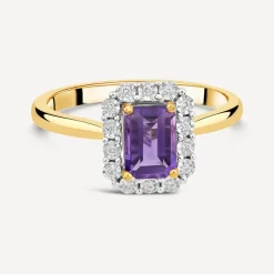 9ct Yellow Gold Rectangular Amethyst Centre 0.06ct Diamond Halo Ring