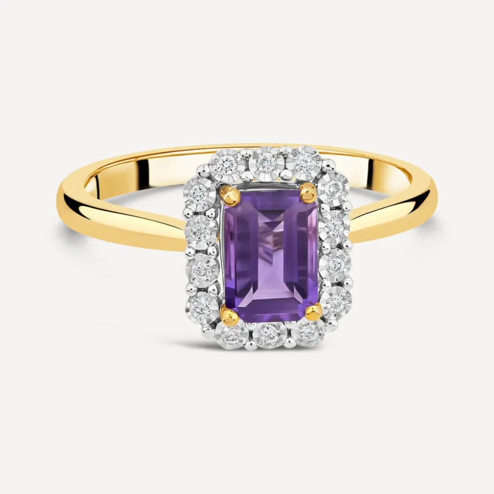 9ct Yellow Gold Rectangular Amethyst Centre 0.06ct Diamond Halo Ring