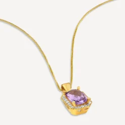 9ct Yellow Gold Rectangular Amethyst & Cubic Zirconia Frame Pendant