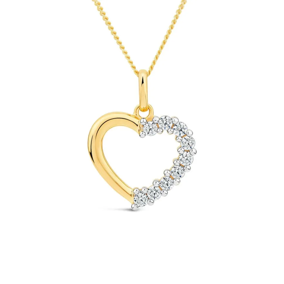 9ct Yellow Gold Side Claw Set Cubic Zirconia Open Heart Pendant