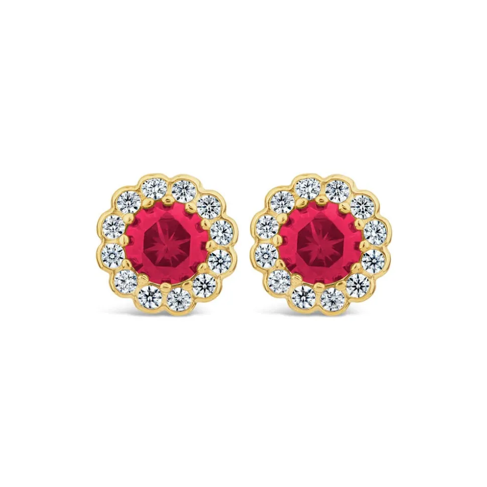 9ct Yellow Gold Simulated Ruby Flower Stud Earrings