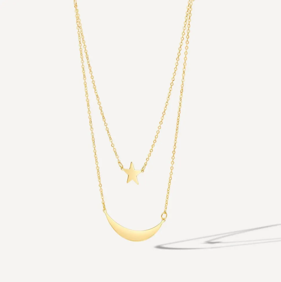 9ct Yellow Gold Star & Moon Double Layer Necklet