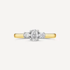 18ct Yellow Gold Three Stone Oval Centered 0.66 Carat Diamond Ring