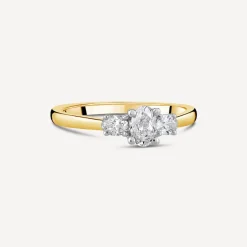 18ct Yellow Gold Three Stone Oval Centered 0.66 Carat Diamond Ring