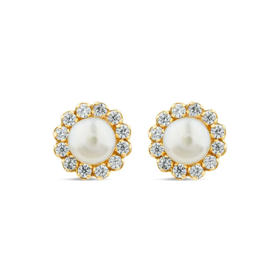 9ct Yellow Gold Tiny Pearl & Cubic Zirconia Surrounded Stud Earrings